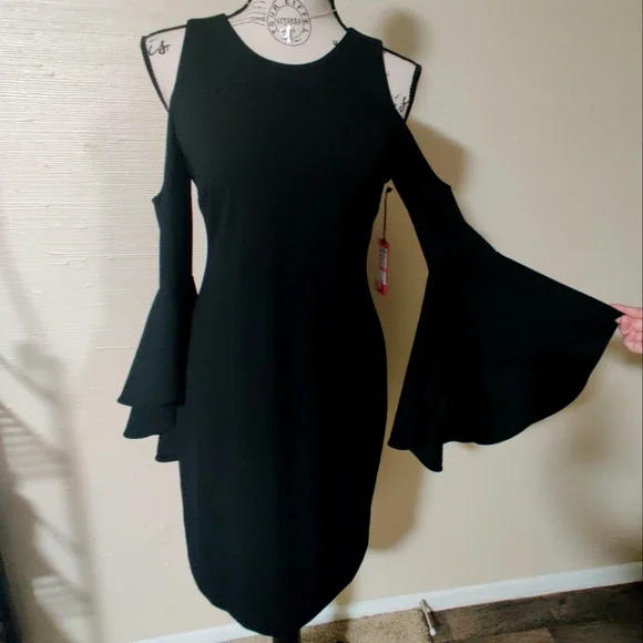 🆕 Vince Camuto Black Cold Shoulder Bell Sleeve Whimsigoth witchy Dress (XS) - Picture 7 of 10